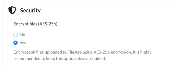 FileAgo AES256 encryption settings